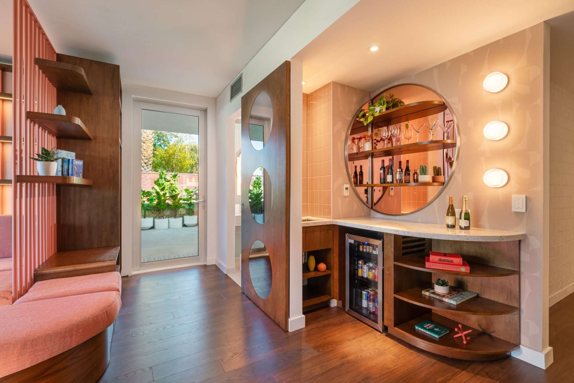Hideaway Suite living room with custom wet bar