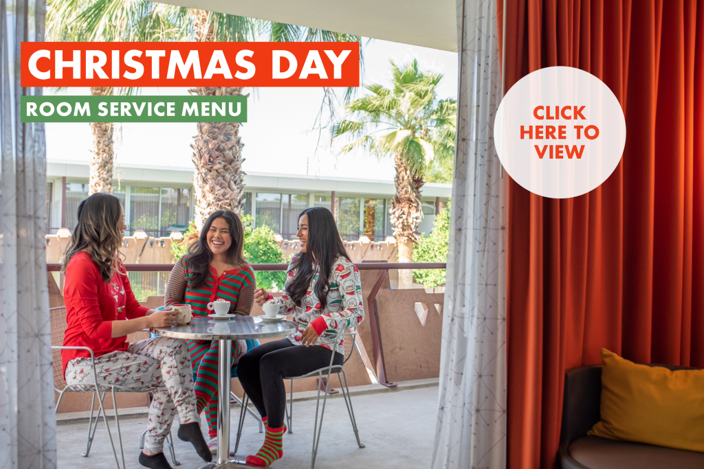 Christmas Day room service menu pop up with thee women sitting on room balcony furniture with holiday pajamas and coffee
