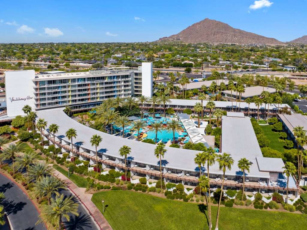 aerial image of hotel, grounds and Camelback Mountain in the distance