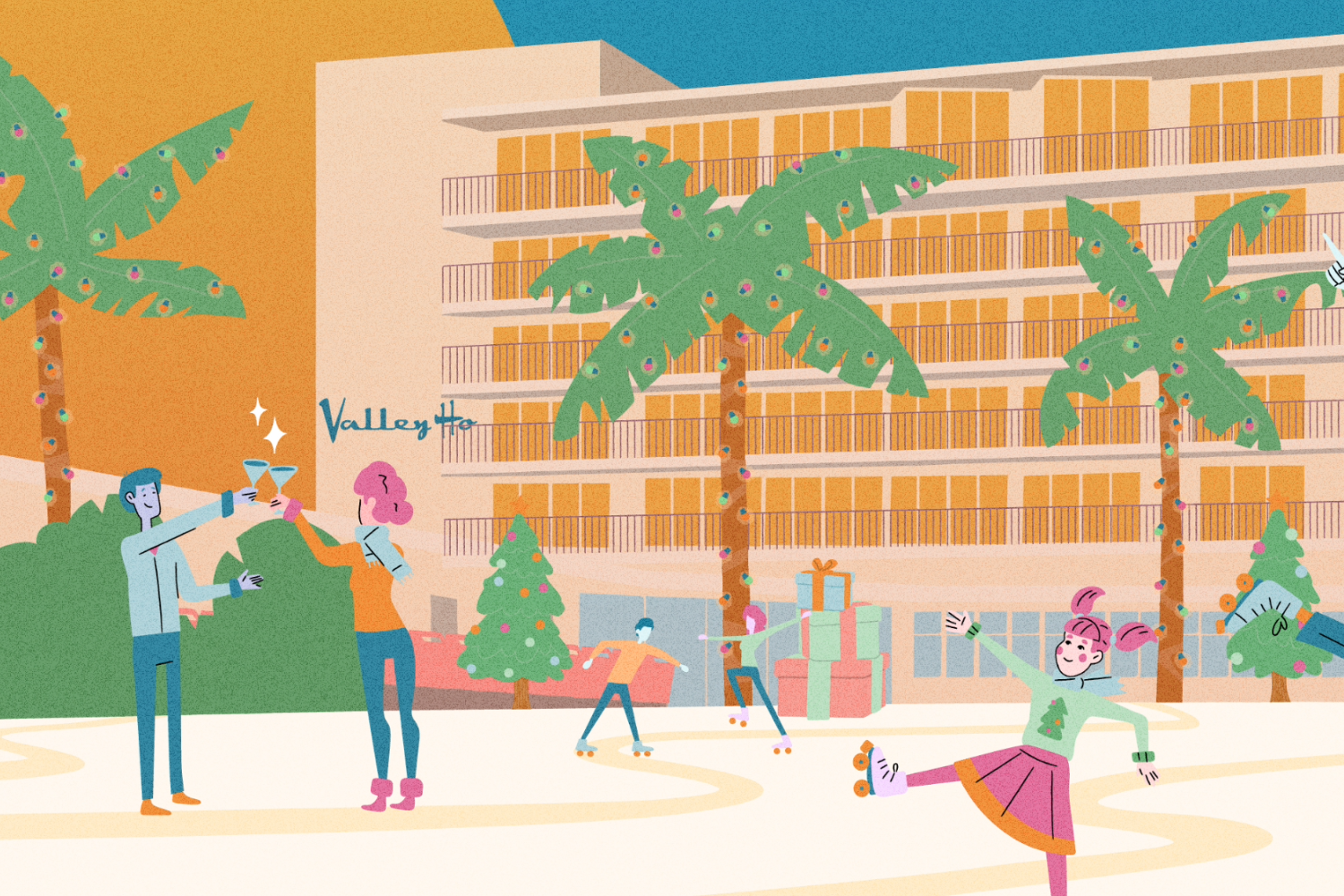 people roller skating outside during the holiday season